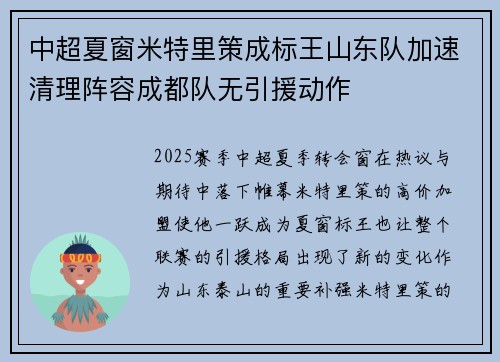 中超夏窗米特里策成标王山东队加速清理阵容成都队无引援动作