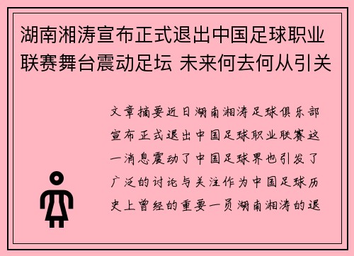 湖南湘涛宣布正式退出中国足球职业联赛舞台震动足坛 未来何去何从引关注
