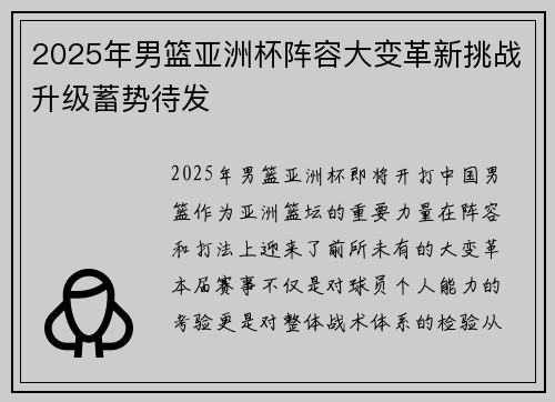 2025年男篮亚洲杯阵容大变革新挑战升级蓄势待发